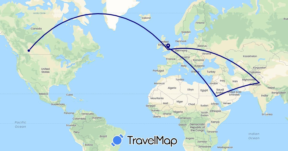 TravelMap itinerary: driving in Canada, United Kingdom, Pakistan, Saudi Arabia (Asia, Europe, North America)